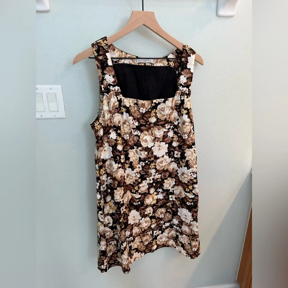 Abercrombie and Fitch Linen-Blend Wide Strap Brown Floral Shift Dress nwot SZ MT - Picture 2 of 5